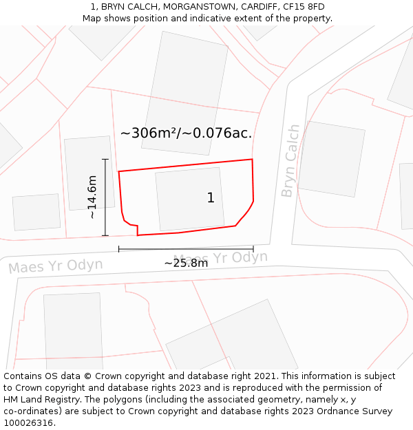 1, BRYN CALCH, MORGANSTOWN, CARDIFF, CF15 8FD: Plot and title map