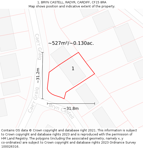 1, BRYN CASTELL, RADYR, CARDIFF, CF15 8RA: Plot and title map