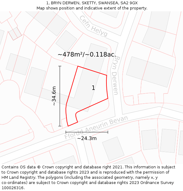 1, BRYN DERWEN, SKETTY, SWANSEA, SA2 9GX: Plot and title map