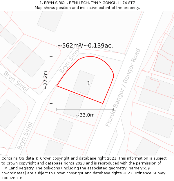 1, BRYN SIRIOL, BENLLECH, TYN-Y-GONGL, LL74 8TZ: Plot and title map