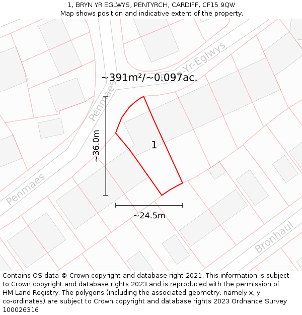 1, BRYN YR EGLWYS, PENTYRCH, CARDIFF, CF15 9QW: Plot and title map