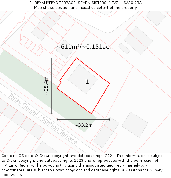 1, BRYNHYFRYD TERRACE, SEVEN SISTERS, NEATH, SA10 9BA: Plot and title map