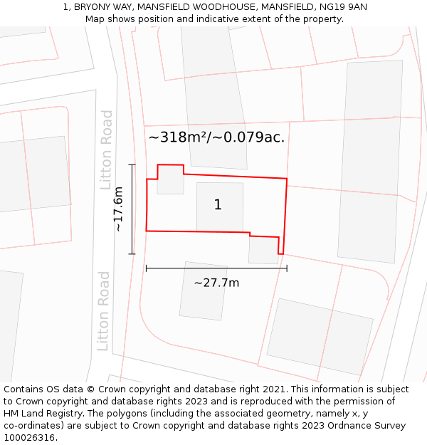 1, BRYONY WAY, MANSFIELD WOODHOUSE, MANSFIELD, NG19 9AN: Plot and title map