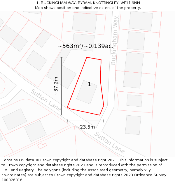 1, BUCKINGHAM WAY, BYRAM, KNOTTINGLEY, WF11 9NN: Plot and title map