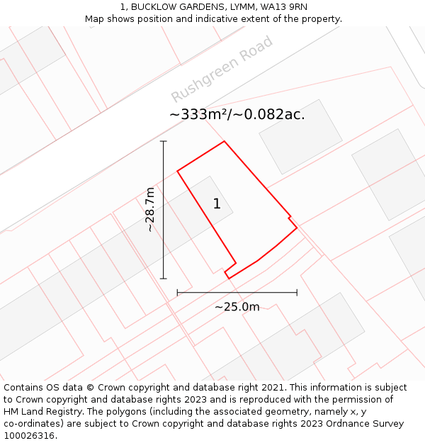 1, BUCKLOW GARDENS, LYMM, WA13 9RN: Plot and title map