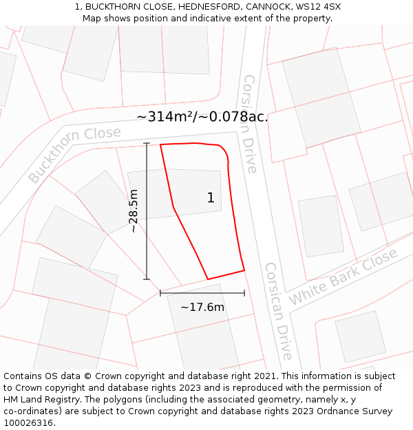 1, BUCKTHORN CLOSE, HEDNESFORD, CANNOCK, WS12 4SX: Plot and title map