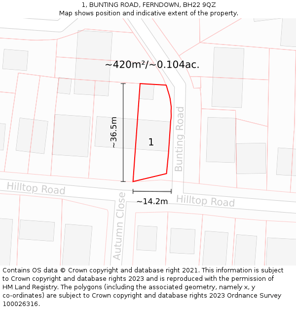 1, BUNTING ROAD, FERNDOWN, BH22 9QZ: Plot and title map