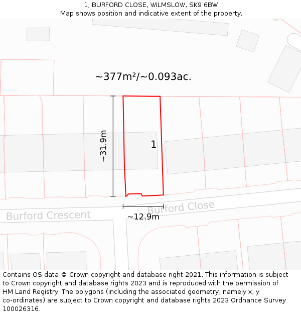 1, BURFORD CLOSE, WILMSLOW, SK9 6BW: Plot and title map