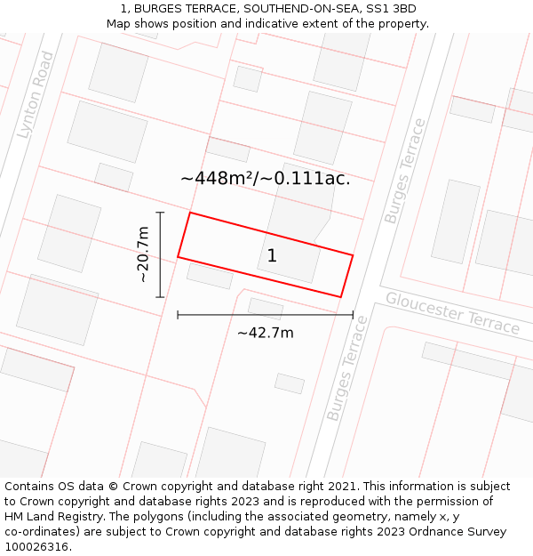 1, BURGES TERRACE, SOUTHEND-ON-SEA, SS1 3BD: Plot and title map