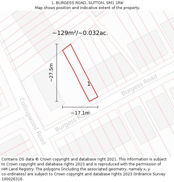 1, BURGESS ROAD, SUTTON, SM1 1RW: Plot and title map