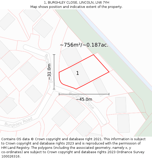 1, BURGHLEY CLOSE, LINCOLN, LN6 7YH: Plot and title map