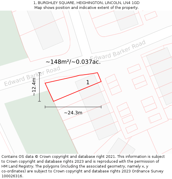1, BURGHLEY SQUARE, HEIGHINGTON, LINCOLN, LN4 1GD: Plot and title map
