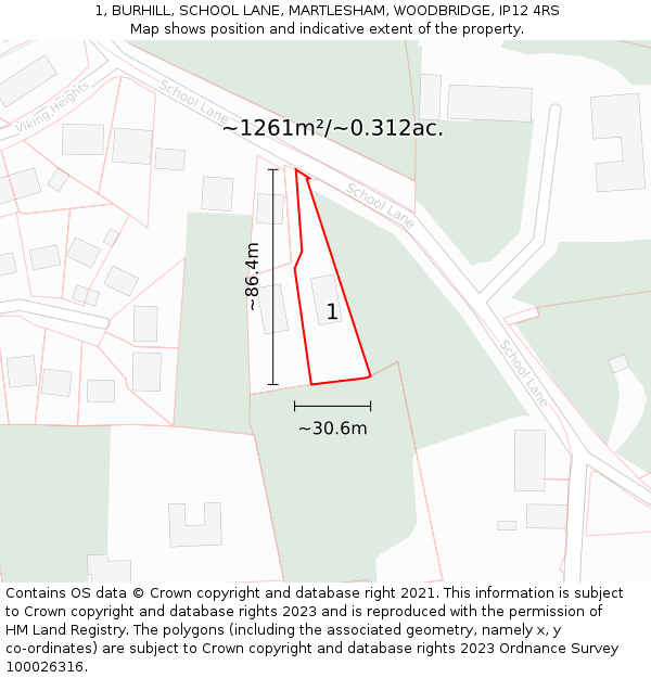 1, BURHILL, SCHOOL LANE, MARTLESHAM, WOODBRIDGE, IP12 4RS: Plot and title map