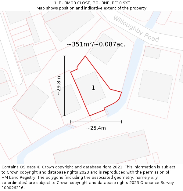 1, BURMOR CLOSE, BOURNE, PE10 9XT: Plot and title map