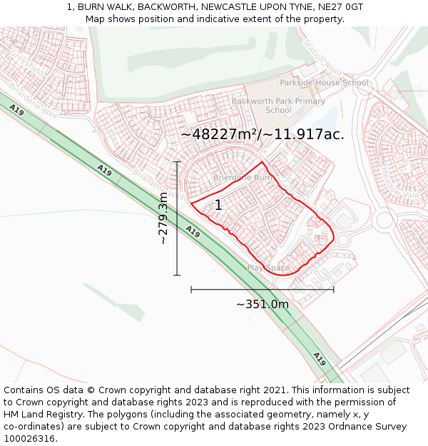 1, BURN WALK, BACKWORTH, NEWCASTLE UPON TYNE, NE27 0GT: Plot and title map