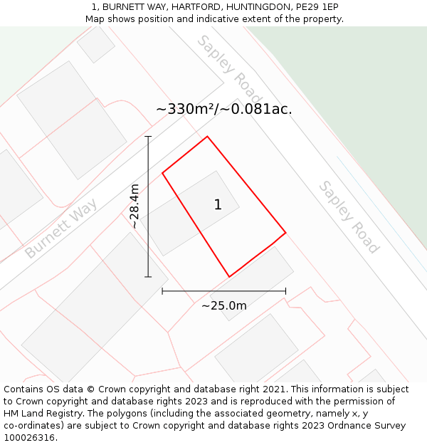 1, BURNETT WAY, HARTFORD, HUNTINGDON, PE29 1EP: Plot and title map