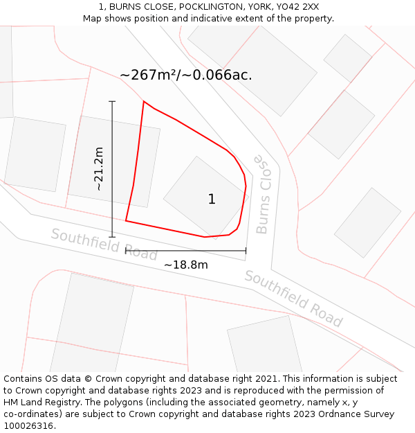 1, BURNS CLOSE, POCKLINGTON, YORK, YO42 2XX: Plot and title map