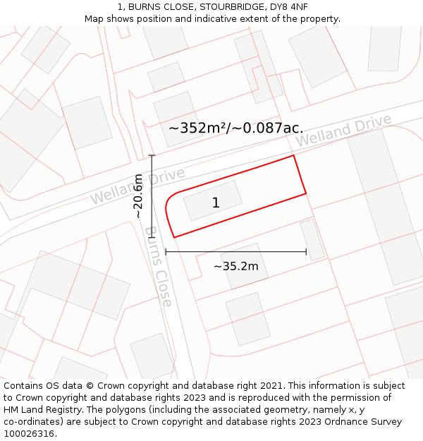 1, BURNS CLOSE, STOURBRIDGE, DY8 4NF: Plot and title map