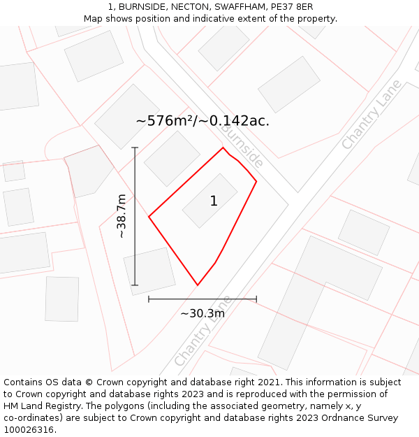 1, BURNSIDE, NECTON, SWAFFHAM, PE37 8ER: Plot and title map