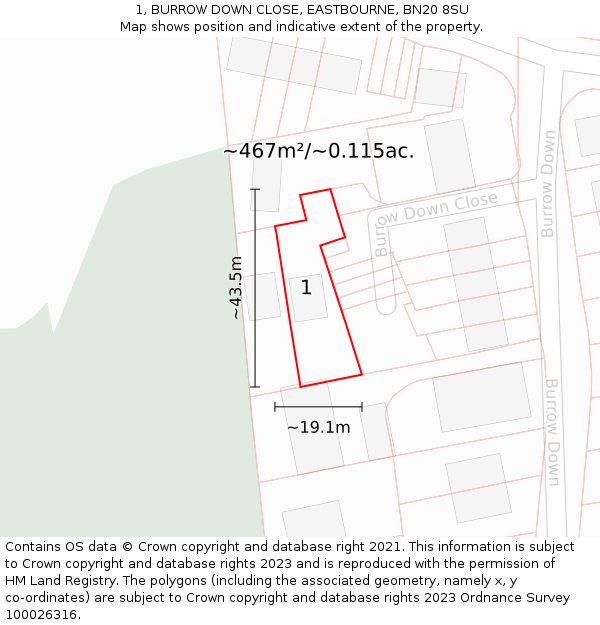 1, BURROW DOWN CLOSE, EASTBOURNE, BN20 8SU: Plot and title map