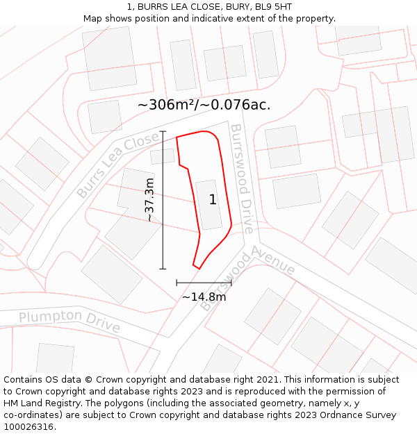 1, BURRS LEA CLOSE, BURY, BL9 5HT: Plot and title map