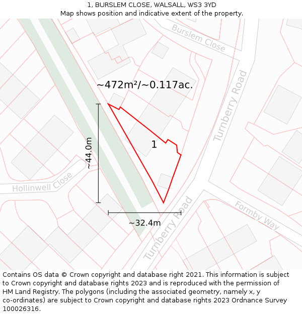 1, BURSLEM CLOSE, WALSALL, WS3 3YD: Plot and title map