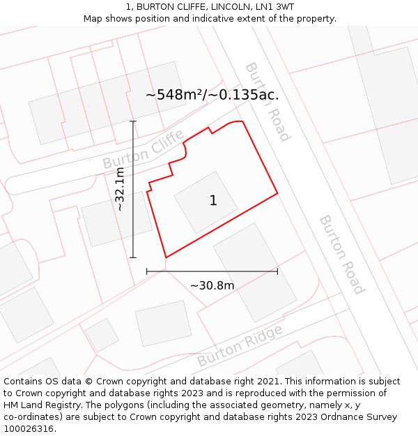 1, BURTON CLIFFE, LINCOLN, LN1 3WT: Plot and title map