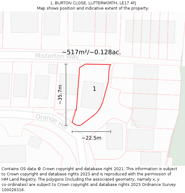 1, BURTON CLOSE, LUTTERWORTH, LE17 4FJ: Plot and title map