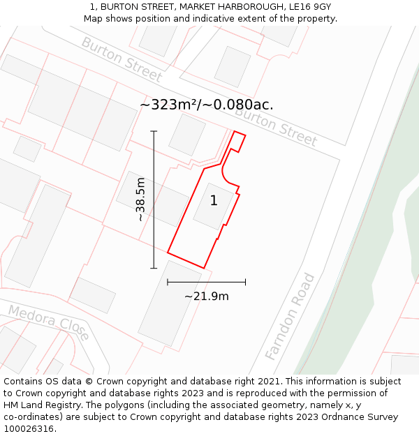1, BURTON STREET, MARKET HARBOROUGH, LE16 9GY: Plot and title map