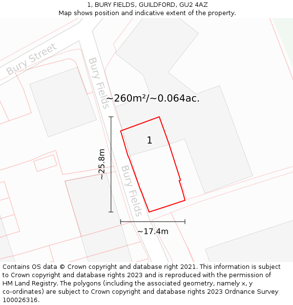 1, BURY FIELDS, GUILDFORD, GU2 4AZ: Plot and title map