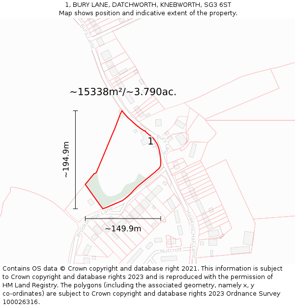 1, BURY LANE, DATCHWORTH, KNEBWORTH, SG3 6ST: Plot and title map