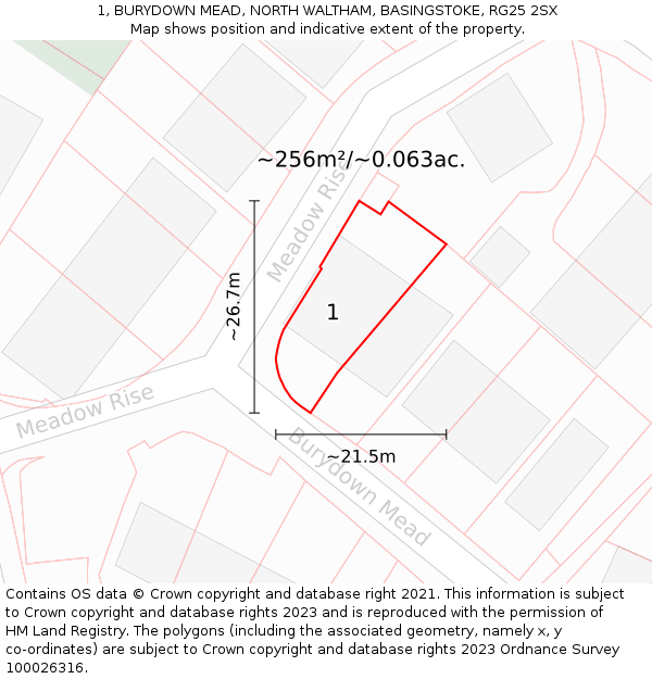 1, BURYDOWN MEAD, NORTH WALTHAM, BASINGSTOKE, RG25 2SX: Plot and title map