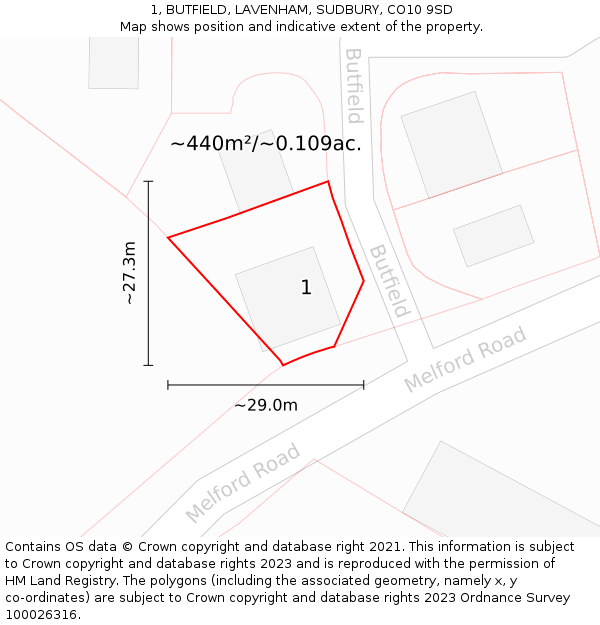 1, BUTFIELD, LAVENHAM, SUDBURY, CO10 9SD: Plot and title map