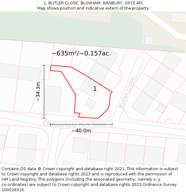 1, BUTLER CLOSE, BLOXHAM, BANBURY, OX15 4PL: Plot and title map