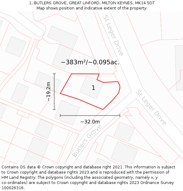 1, BUTLERS GROVE, GREAT LINFORD, MILTON KEYNES, MK14 5DT: Plot and title map