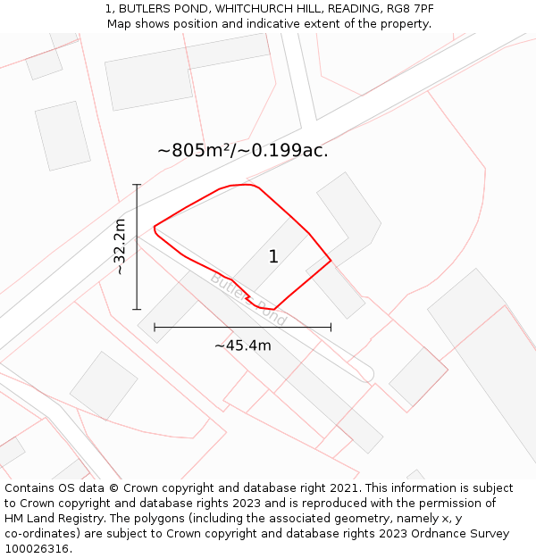 1, BUTLERS POND, WHITCHURCH HILL, READING, RG8 7PF: Plot and title map