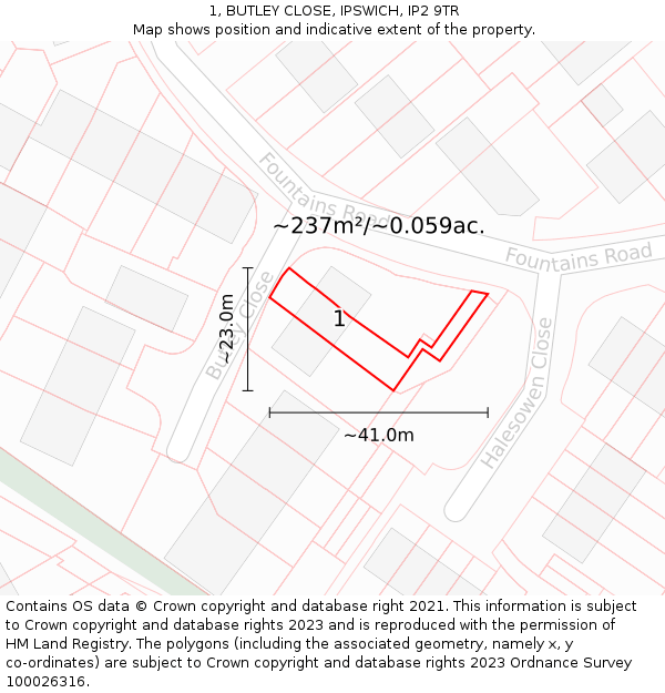 1, BUTLEY CLOSE, IPSWICH, IP2 9TR: Plot and title map