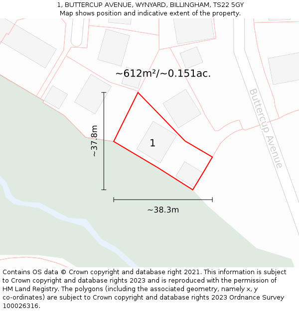 1, BUTTERCUP AVENUE, WYNYARD, BILLINGHAM, TS22 5GY: Plot and title map