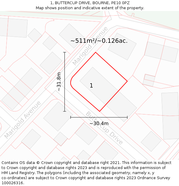 1, BUTTERCUP DRIVE, BOURNE, PE10 0PZ: Plot and title map