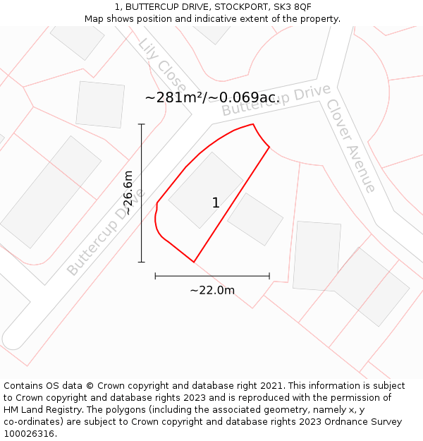 1, BUTTERCUP DRIVE, STOCKPORT, SK3 8QF: Plot and title map