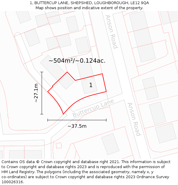 1, BUTTERCUP LANE, SHEPSHED, LOUGHBOROUGH, LE12 9QA: Plot and title map