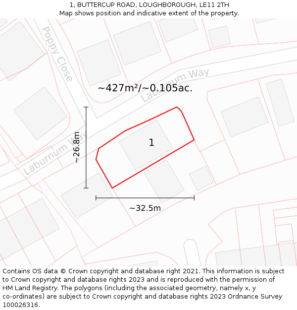 1, BUTTERCUP ROAD, LOUGHBOROUGH, LE11 2TH: Plot and title map