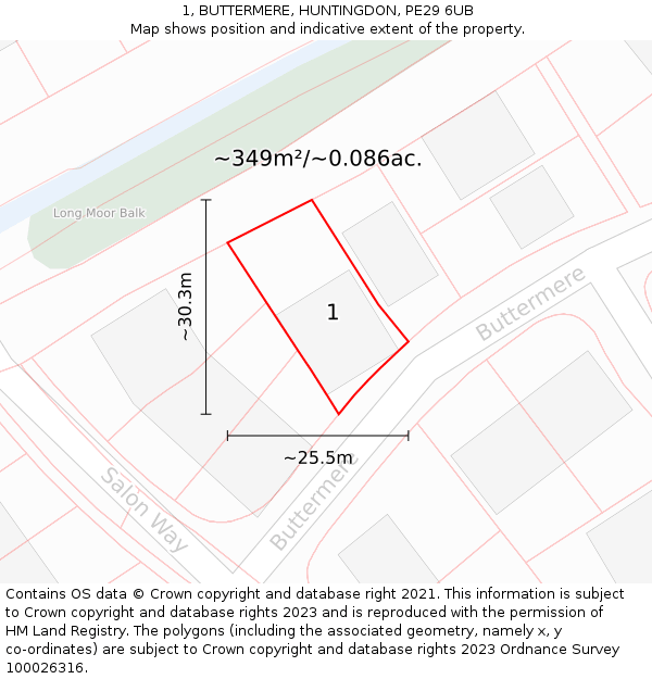 1, BUTTERMERE, HUNTINGDON, PE29 6UB: Plot and title map