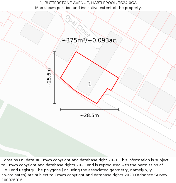 1, BUTTERSTONE AVENUE, HARTLEPOOL, TS24 0GA: Plot and title map