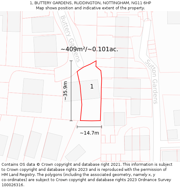 1, BUTTERY GARDENS, RUDDINGTON, NOTTINGHAM, NG11 6HP: Plot and title map