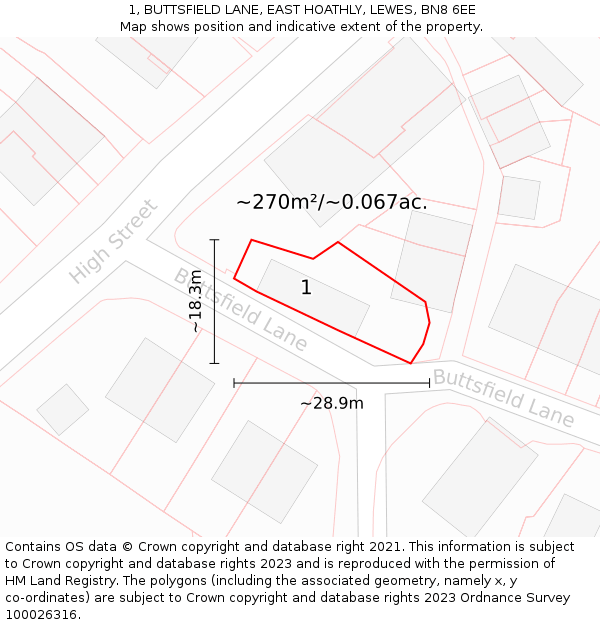 1, BUTTSFIELD LANE, EAST HOATHLY, LEWES, BN8 6EE: Plot and title map