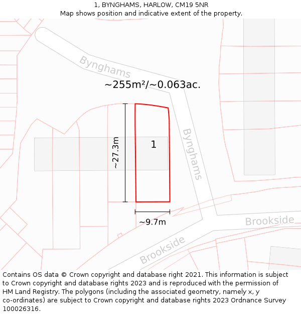 1, BYNGHAMS, HARLOW, CM19 5NR: Plot and title map