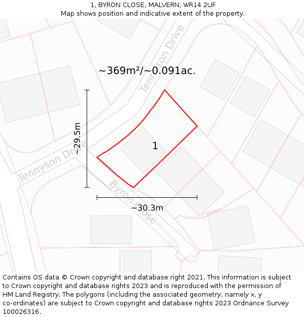 1, BYRON CLOSE, MALVERN, WR14 2UF: Plot and title map