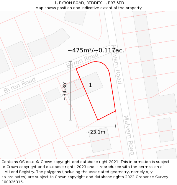 1, BYRON ROAD, REDDITCH, B97 5EB: Plot and title map