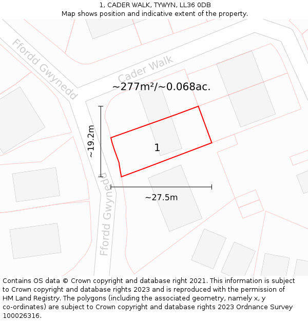 1, CADER WALK, TYWYN, LL36 0DB: Plot and title map